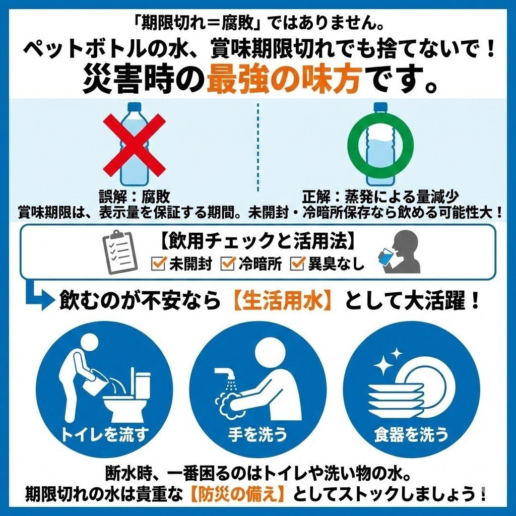 jibansaigai's tweet photo. 【情報共有】賞味期限切れの水、捨てないで
ペットボトル水の賞味期限＝蒸発による内容量を担保できる期間で、飲めなくなるわけではありません。
適切保管なら飲用可の場合が多く、抵抗があれば生活用水として活用を。
災害大国の日本において、特に災害時には賞味期限切れの水も非常に貴重です。
