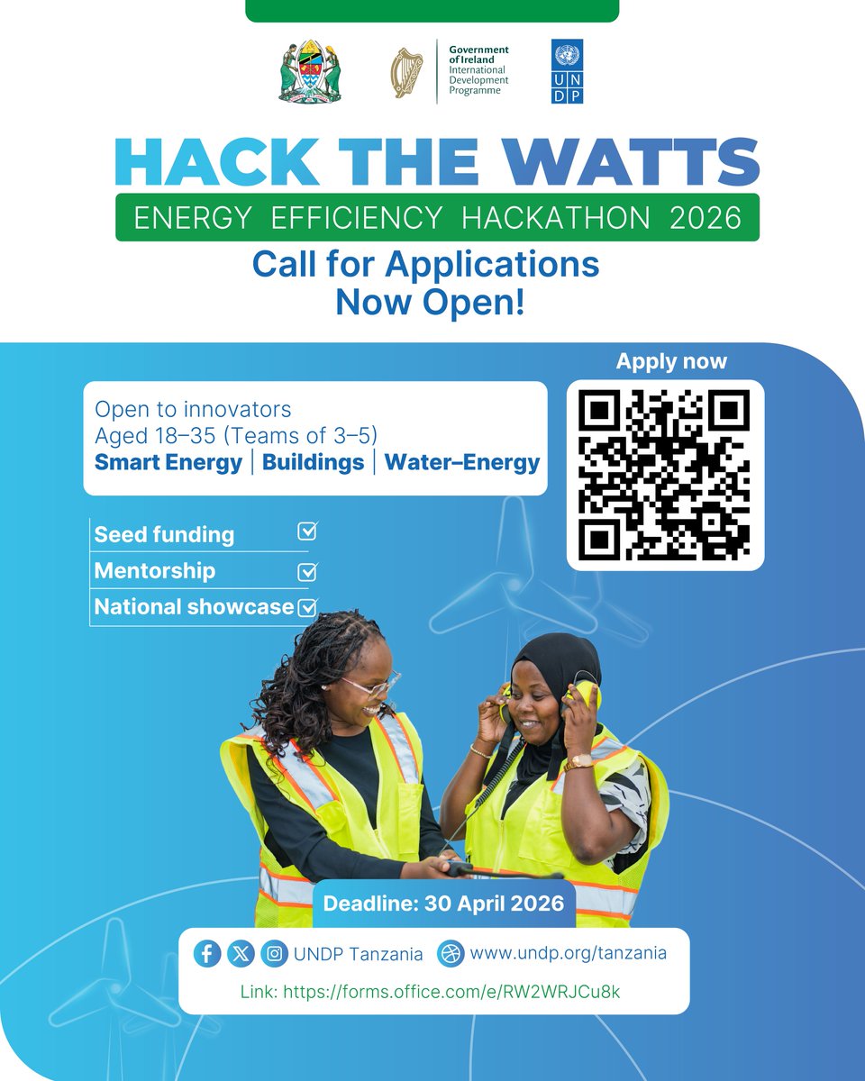 undptz's tweet image. HACK THE WATTS!

Applications are now OPEN for the #EnergyEfficiency #Hackathon 2026!

💡 Smart Energy | Buildings | Water–Energy
👥 Youth innovators (18–35)
🌱 Mentorship + Seed funding
📅 Deadline: 30 April 2026
👉 Apply: forms.office.com/e/RW2WRJCu8k