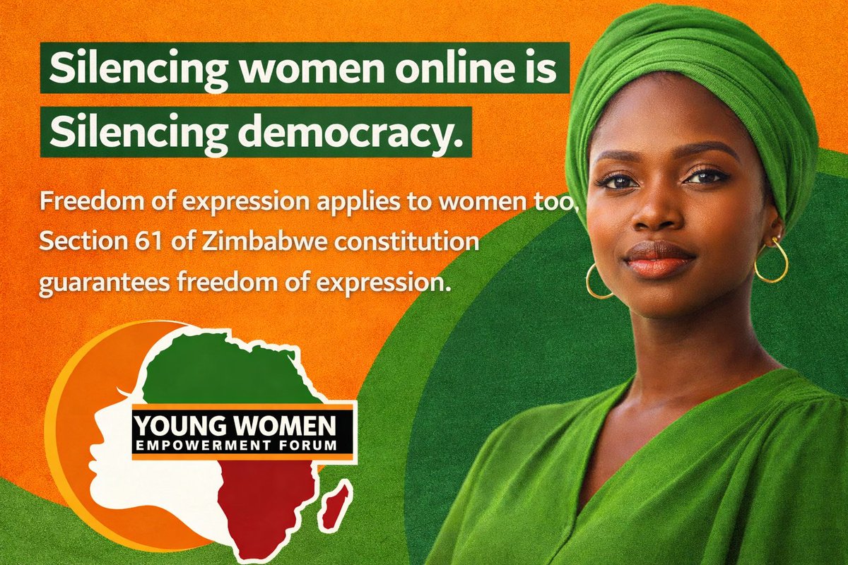 YWEF_'s tweet photo. Silencing women online is silencing democracy. 

Every voice matters. Every story counts. Freedom of expression is not selective—it belongs to women too. Section 61 of the Zimbabwean Constitution guarantees this right, both offline and online.
💚🧡
#KnowYourRights 
#KnowTheConsti https://t.co/WlEslwHY53