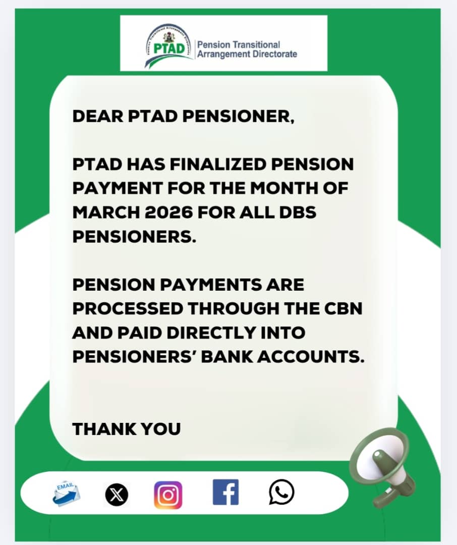 PTADNigeria's tweet photo. Dear Pensioner,
March monthly pension has been finalised for DBS pensioners.
#marchmp #pensionpayment #ptad #dbs https://t.co/8RbtEZoKrT