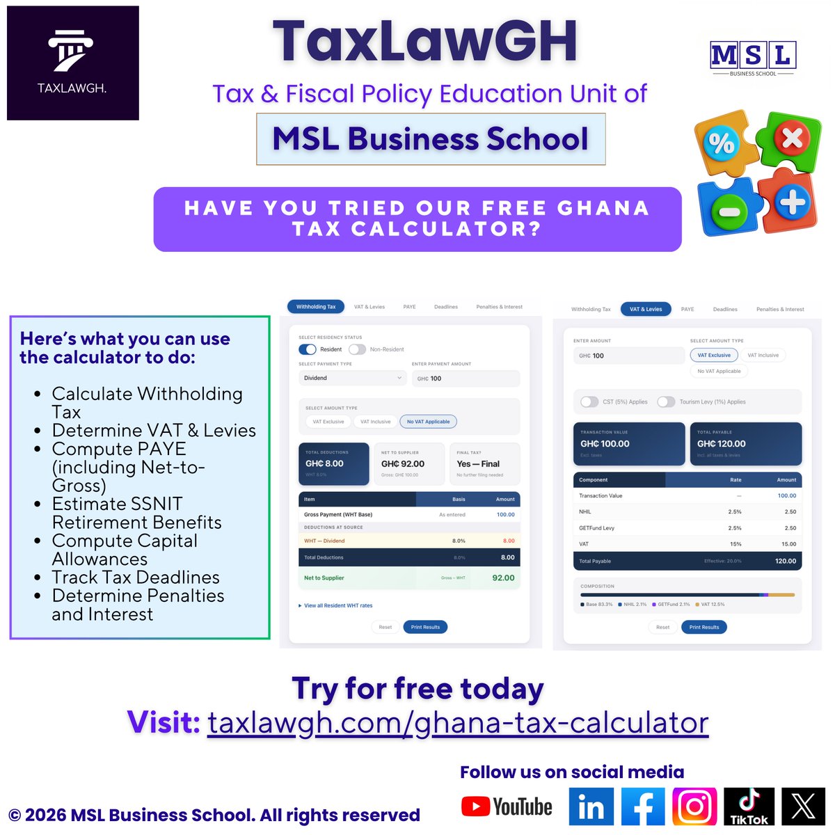 taxlawgh's tweet photo. Following our earlier launch of the TaxLawGH Ghana Tax Calculator a few days ago, we have now rolled out additional functionality as part of our ongoing development.

The tool now includes:

• Net-to-Gross PAYE Calculator
• SSNIT Pension Calculator
• Capital Allowance Calculator — with the ability to upload hundreds of assets instantly using a CSV template

With these additions, the calculator can now help you:

• Calculate Withholding Tax
• Determine VAT & Levies
• Compute PAYE (including Net-to-Gross)
• Estimate SSNIT Contributions
• Compute Capital Allowances
• Track Tax Deadlines
• Determine Penalties and Interest

This is still Version 1, with continuous improvements and additional features to be rolled out over time.

We are building what will become the most comprehensive tax support tool in Ghana.

Access it here:
https://t.co/6BAfabzYTb