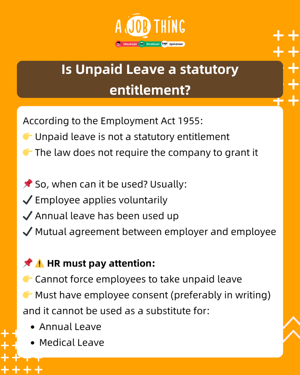ajobthingcom's tweet photo. 🇲🇾 HR Must Read! Can Employees Take Unpaid Leave at Will?

If an employee wants to take unpaid leave after using up their annual leave, can HR refuse? Here’s a clear guide for HRs and employers on what to watch out for, helping to prevent misunderstandings and payroll disputes. https://t.co/x9lLzlRM5c