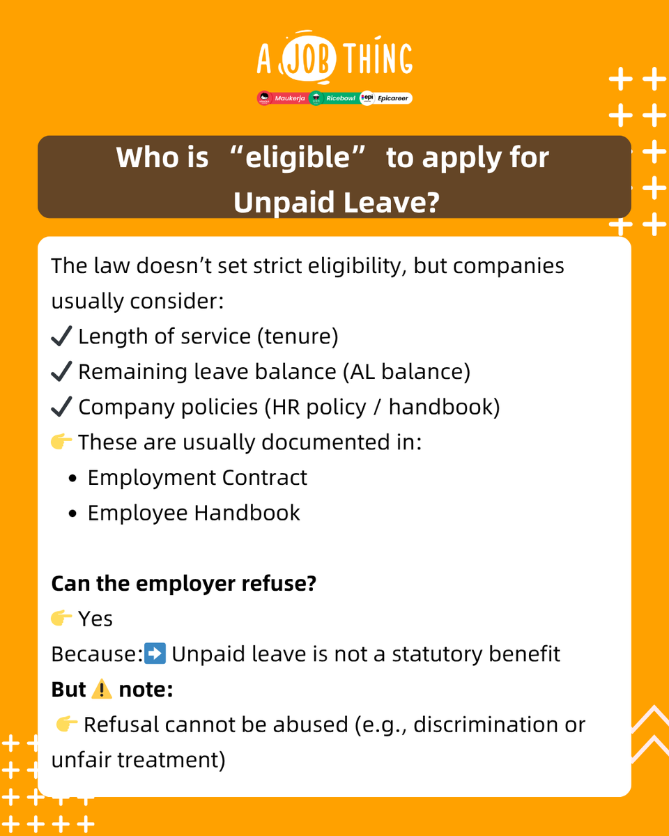 ajobthingcom's tweet photo. 🇲🇾 HR Must Read! Can Employees Take Unpaid Leave at Will?

If an employee wants to take unpaid leave after using up their annual leave, can HR refuse? Here’s a clear guide for HRs and employers on what to watch out for, helping to prevent misunderstandings and payroll disputes. https://t.co/x9lLzlRM5c
