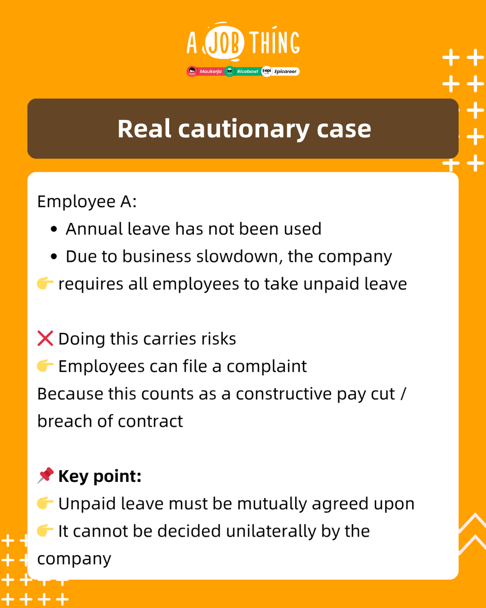 ajobthingcom's tweet photo. 🇲🇾 HR Must Read! Can Employees Take Unpaid Leave at Will?

If an employee wants to take unpaid leave after using up their annual leave, can HR refuse? Here’s a clear guide for HRs and employers on what to watch out for, helping to prevent misunderstandings and payroll disputes. https://t.co/x9lLzlRM5c