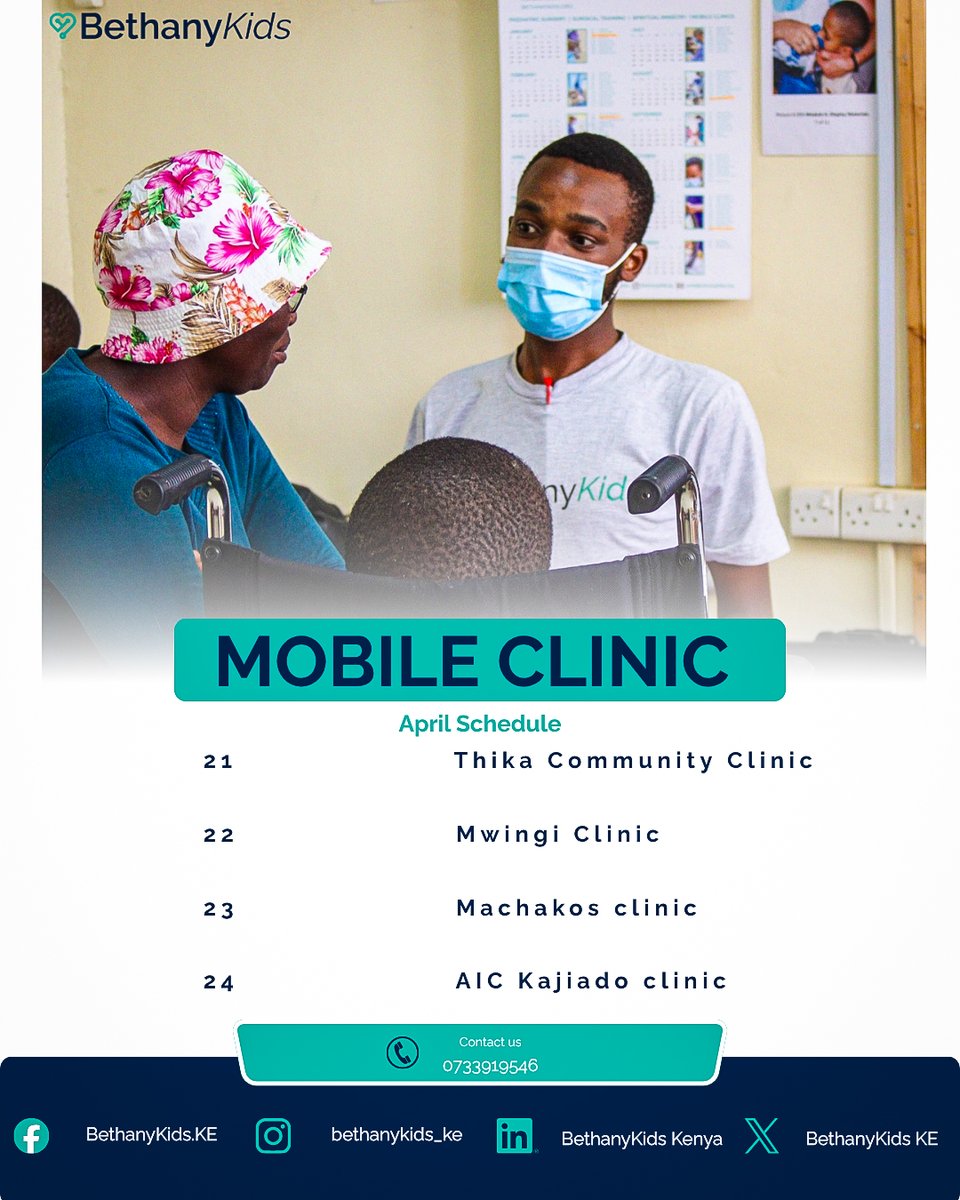 To all our valued friends and clients,

We are pleased to share our mobile clinic schedule for April. Through these outreaches, we continue to extend care to underserved communities and ensure that no child is left behind.

#LoveHeals
#BethanyKidsKenya
#mobileclinicprogram