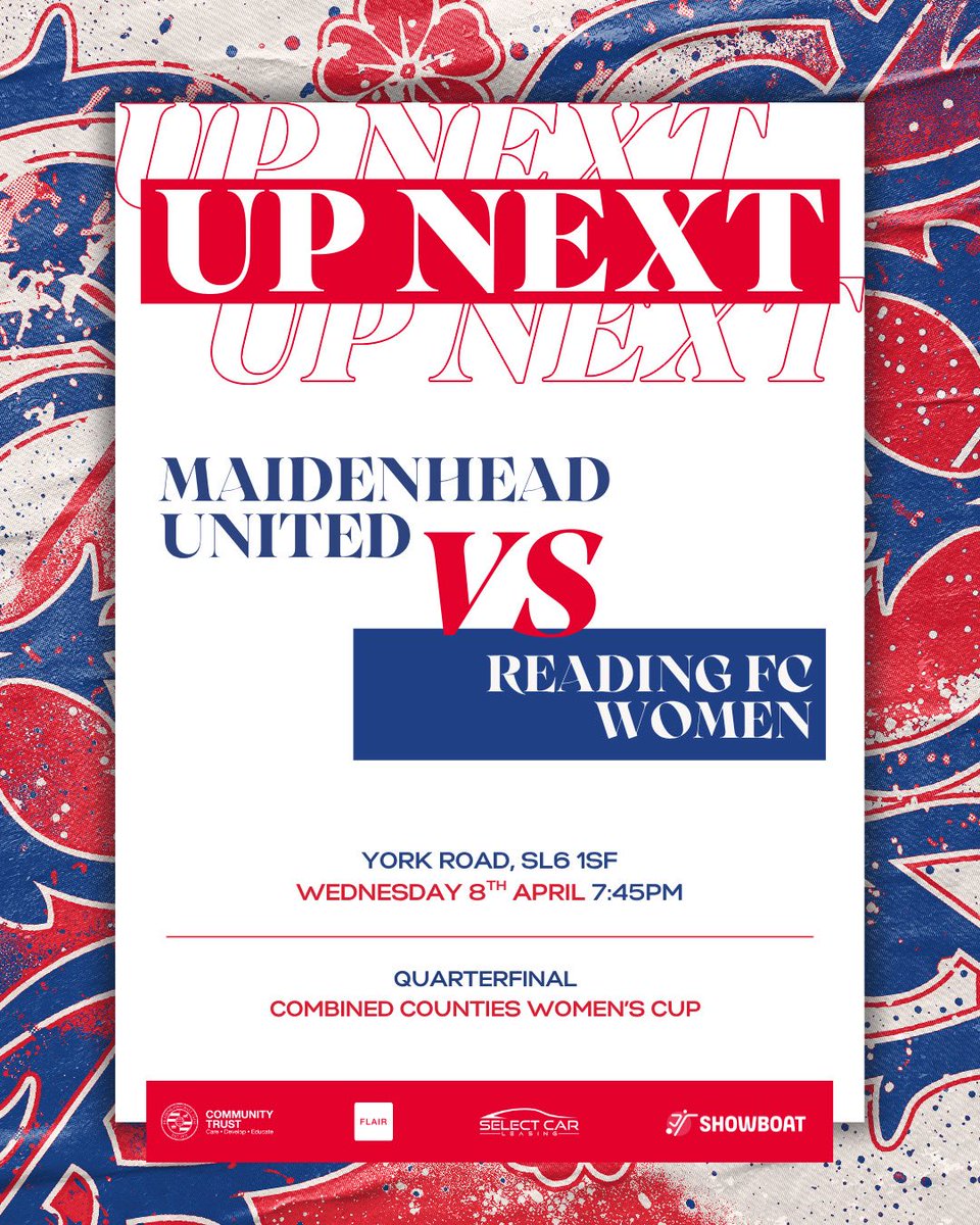 UP NEXT! We’re on the road to Maidenhead United in CCL Women’s Cup action!

🗓️ Wednesday 8th April
🆚 <a href="/mufcyorkroadwfc/">Maidenhead United Women</a> 
🕑 19:45pm KO
📍 York Road, SL6 1SF 
🎟️ Adults £5 | U18’s &amp; 65+ £2 

Join us as we look to book our place in the semi-final!