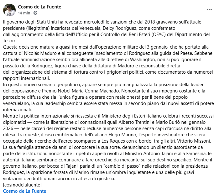 cosmodelafuente's tweet photo. A proposito di #HugoMarino e del silenzio da parte di @ItalyMFA Che fine ha fatto l'italo-venezuelano esperto ricercatore che lavorò alla ricerca dell'aereo scomparso con a bordo, tra gli altri, di #Missoni?
il #Venezuela è ancora nella mani della dittatura di #DelcyRodriguez https://t.co/wHOuWuFxy4