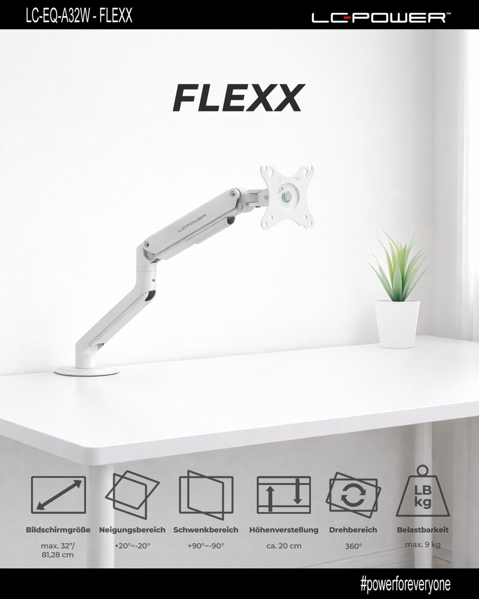 lcpower_germany's tweet photo. Unser FLEXX-Monitorarm für Monitore von bis zu 32" ist ab sofort auch für weiße Setups verfügbar! ⚪ 🤩
LC-EQ-A32W - FLEXX ⬜
➡ https://t.co/qlKeDCqf2u
#lcpower #powerforeveryone #gamingsetup #homeoffice #monitorarm #monitor #aesthetic #minimalism #flexx https://t.co/RUoiSuPgmT