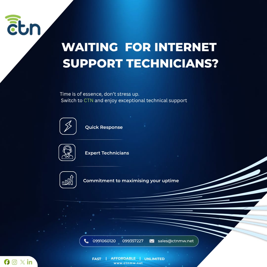 convergedmalawi's tweet photo. Still waiting on internet support? ⏳
Switch to CTN and experience fast response, expert technicians, and reliable uptime.
Your connection shouldn’t keep you waiting.
📞 0991060120 | 099357227
📧 sales@ctnmw.net
#CTNMalawi #ReliableInternet #FastSupport #StayConnected https://t.co/00ZYJGVYwd