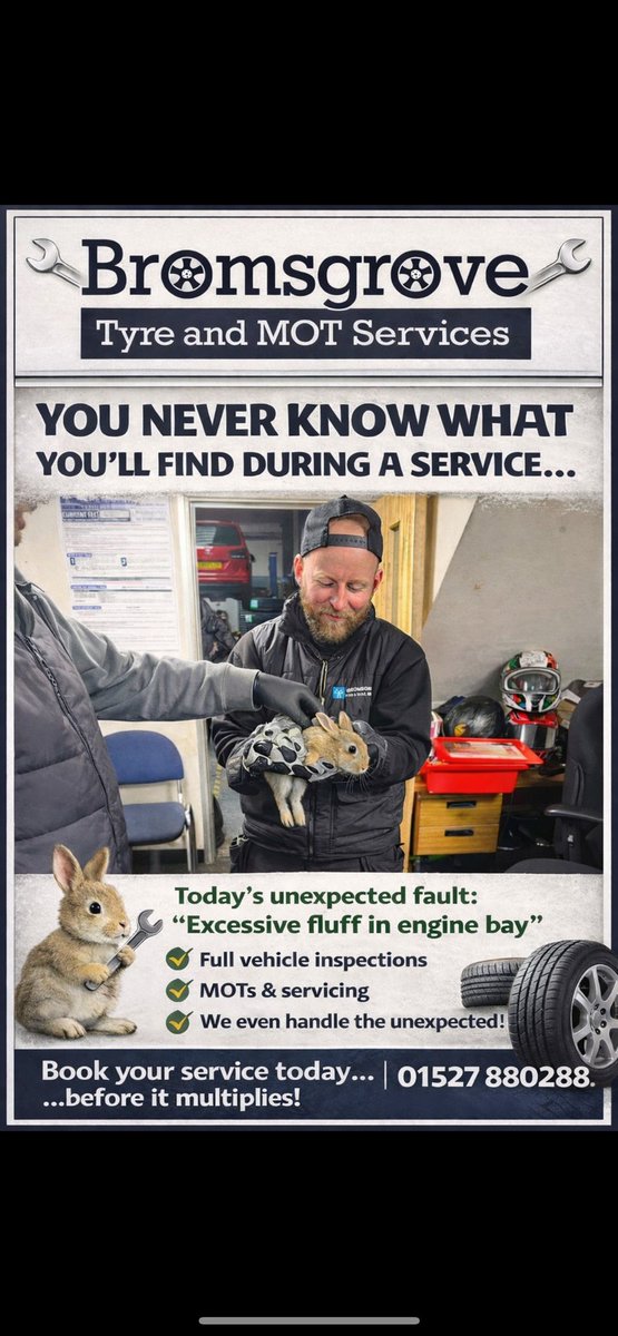 🚗🐰 Even the Easter Bunny is checking in for a service!
This week’s surprise at Bromsgrove Tyre &amp; MOT Services?
A little extra Easter fluff hiding under the bonnet! 😄💐

#HappyEaster #EasterWeekend #Bromsgrove