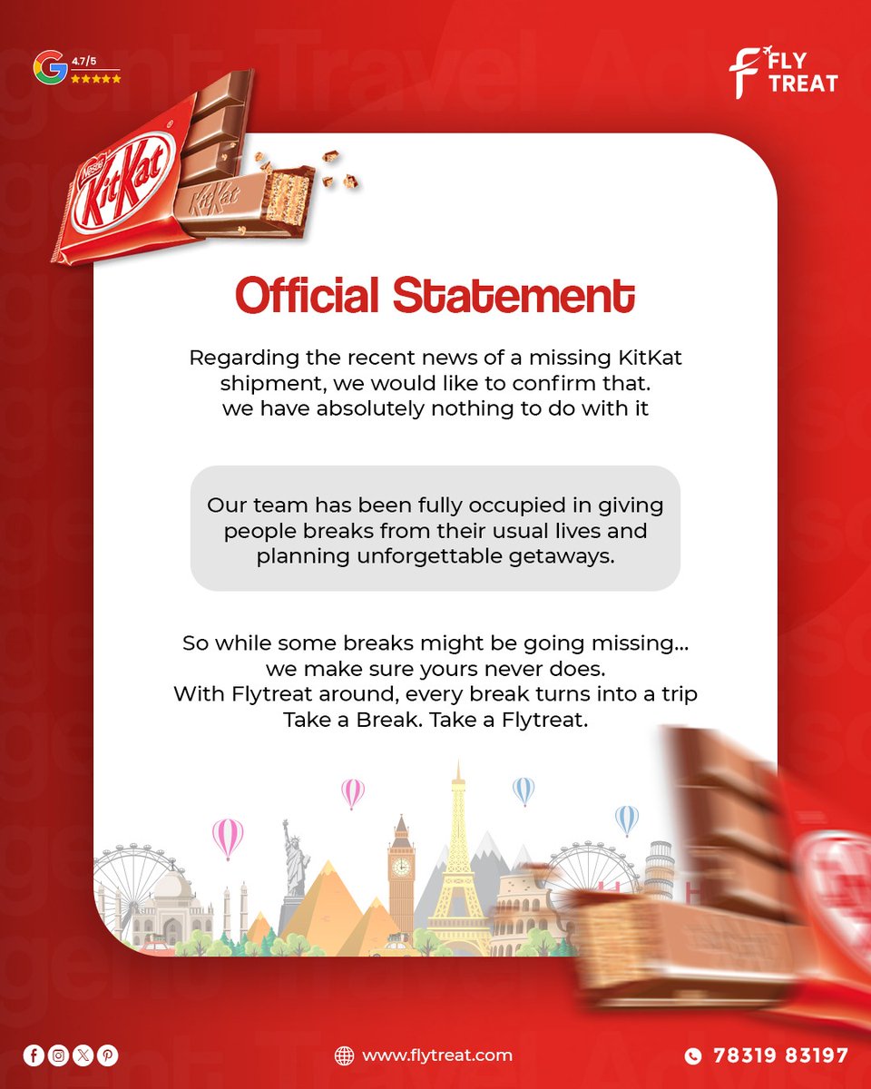 Flytreat_Tour's tweet photo. Missing KitKats? Not our responsibility 👀
But missing breaks? That’s where we step in ✈️
Because life isn’t about breaks… it’s about where you take them 🌍

Take a Break. Take a Flytreat. https://t.co/BEbXKwP4ag