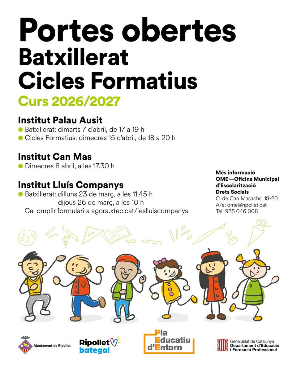 Segueixen endavant les Portes obertes de Batxillerat i els Cicles Formatius. Recordeu que la preinscripció escolar 2026-2027 de Batxillerat és del 9 al 16 d’abril de 2026. Cicles Formatius de Grau Mitjà i Superior: del 26 de maig a l’1 de juny de 2026.