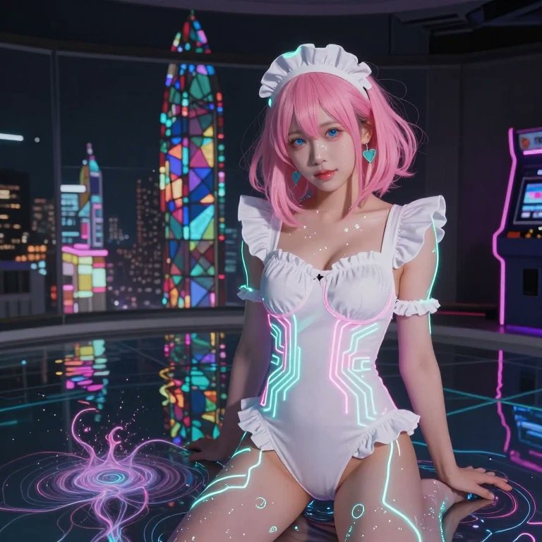 kokidesign's tweet photo. ネオン教会のメイド、水着回路が夜景に溶ける。光と闇の境界線。#AIArt #CyberMaid #NeonGothic https://t.co/IOTJ0mWwHv