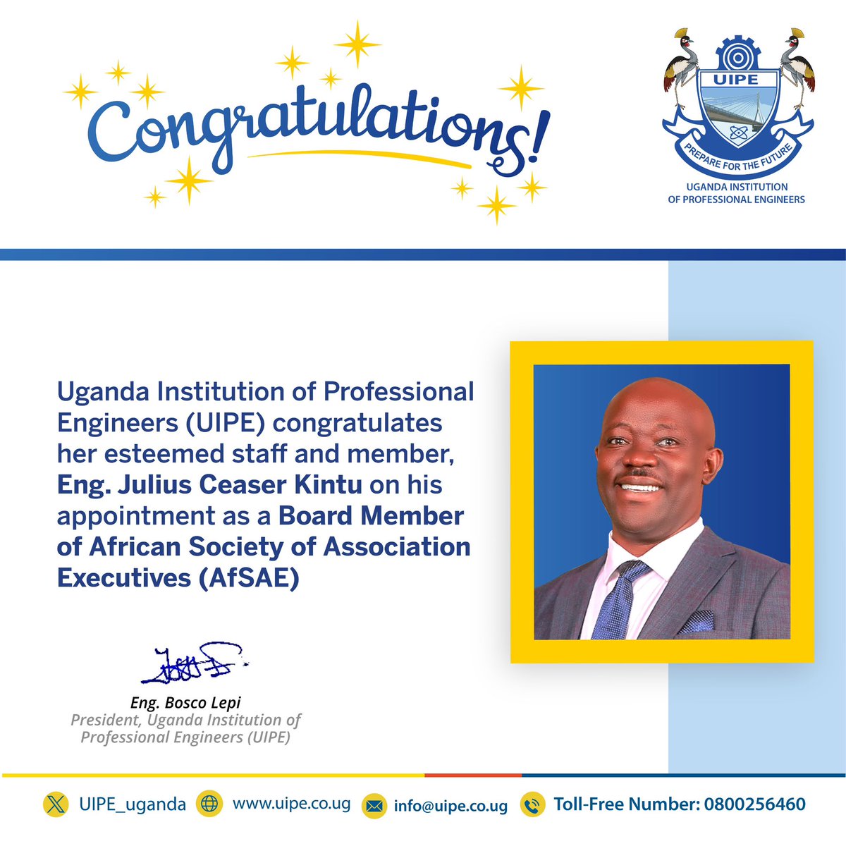 UIPE_Uganda's tweet image. #UIPEUpdates

Congratulations to our esteemed staff and member, Eng. Julius Ceaser Kintu on his appointment as a Board Member of African Society of Association Executives (AfSAE)

#Congs #professionaldevelopment #EngineeringExelence #Congratulations