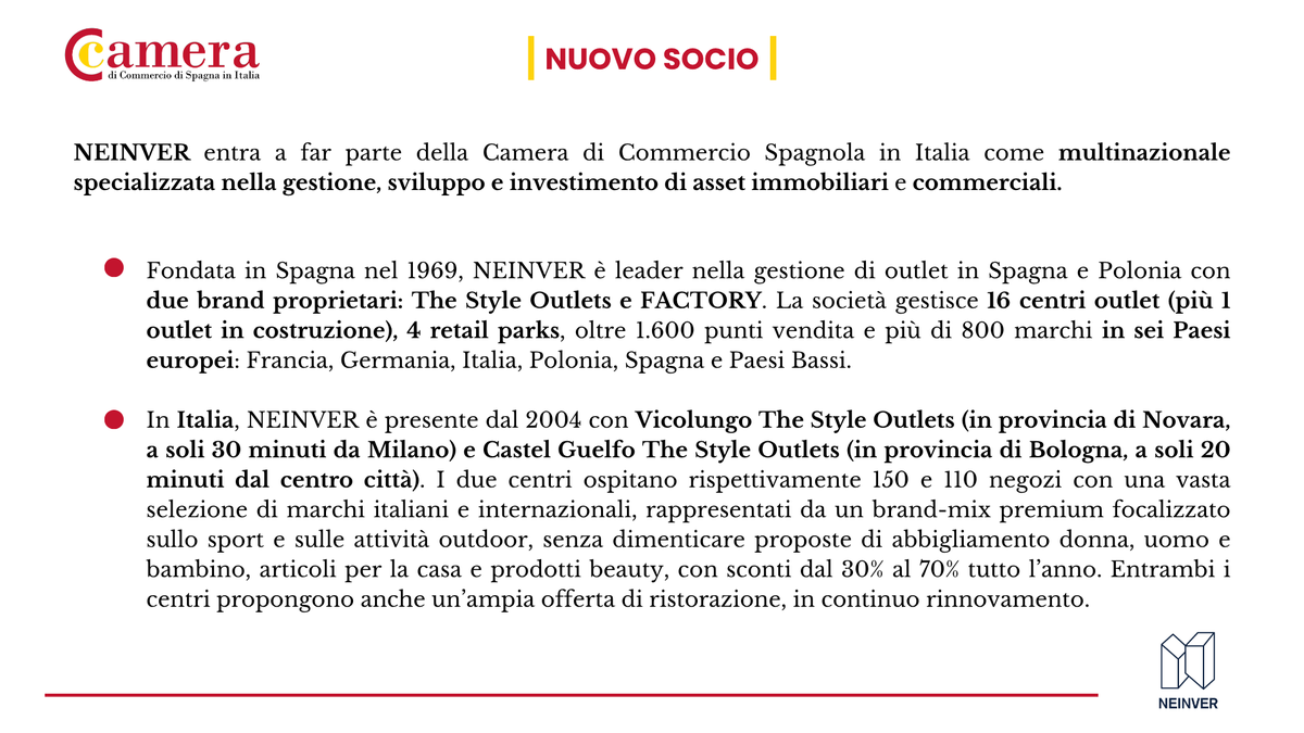 CamacoesIT's tweet image. Benvenuto NEINVER nella #Camera!

Multinazionale spagnola, in Italia dal 2004, è leader nella gestione, sviluppo e investimento di asset immobiliari e commerciali.

Specializzata negli #outlet, gestisce oggi 16 outlet (+1 in costruzione) e 4 retail parks in sei Paesi europei

👇