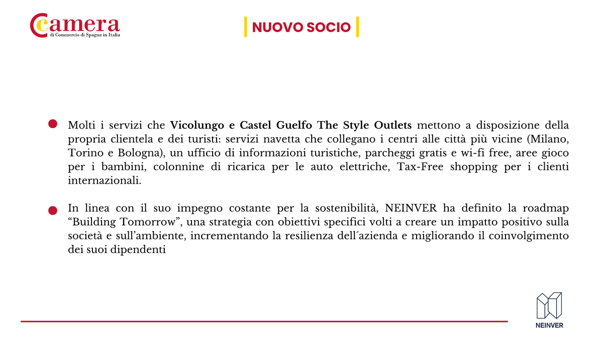 CamacoesIT's tweet image. Benvenuto NEINVER nella #Camera!

Multinazionale spagnola, in Italia dal 2004, è leader nella gestione, sviluppo e investimento di asset immobiliari e commerciali.

Specializzata negli #outlet, gestisce oggi 16 outlet (+1 in costruzione) e 4 retail parks in sei Paesi europei

👇