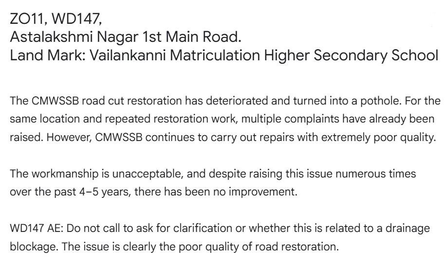 BalajiGopalanCH's tweet image. ZO11, WD147,
Astalakshmi Nagar 1st Main Road.
LM: Vailankanni School

📌
maps.app.goo.gl/hhC4oq41GQxrdM…

The #CMWSSB road cut restoration has deteriorated and turned into a pothole. @CHN_Metro_Water 

Cc: @Chief_Secy_TN @CMOTamilnadu 

#QualityIssue #DesignIssue #RoadSafety
