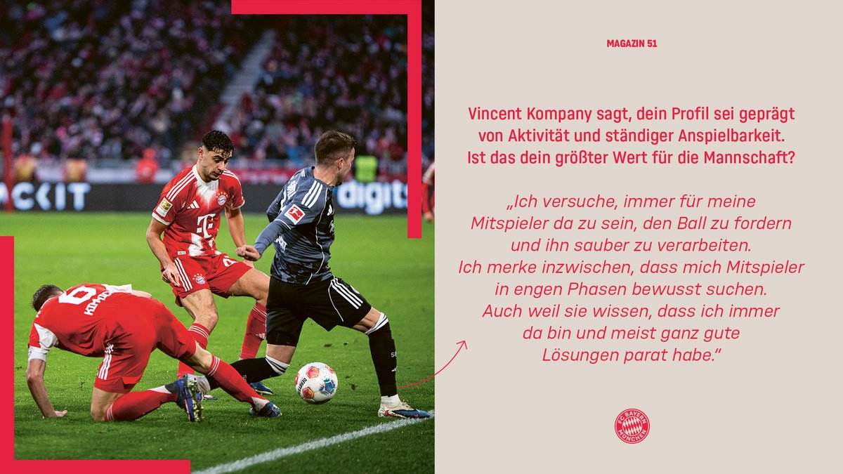 FCBayern's tweet photo. 𝙑𝙤𝙡𝙡𝙚 𝙆𝙤𝙣𝙩𝙧𝙤𝙡𝙡𝙚 🔴⚪️

Aleksandar Pavlović ist aus dem Mittelfeld des FC Bayern nicht mehr wegzudenken. 

Das Mitgliedermagazin „51“ hat mit ihm über seine Rolle auf dem Platz, seine Vorbilder und wachsende Verantwortung gesprochen: https://t.co/HvUdaT7fhc 💬

#Saebener51