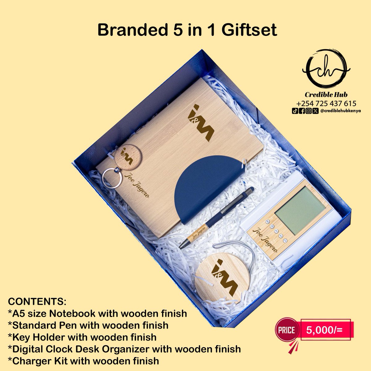 credible_hub's tweet photo. Branded 5-in-1 Gift Set

Contents:
*A5 size Notebook with wooden finish
*Standard Pen  with wooden finish
*Key Holder  with wooden finish
*Digital Clock Desk organizer with wooden finish
*Charger Kit with wooden finish

Price @5,000/=

Discount applied on bulk purchase https://t.co/KlXEAGAEYh