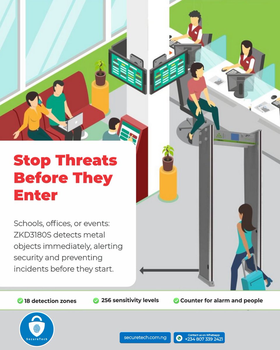 Walkthrough metal detectors save lives.
One alarm could stop a dangerous object from entering.
ZKD3180S integrates seamlessly with your security team.
📞 Talk to SecureTech today.