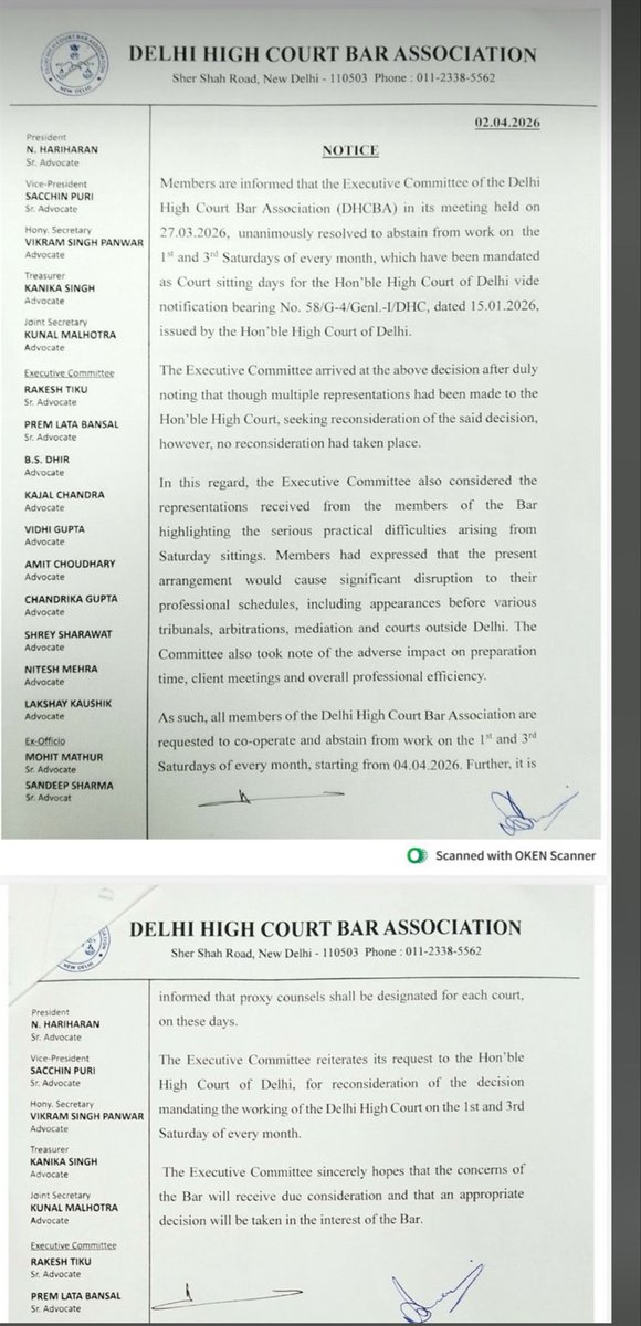 CscLegal's tweet photo. In its meeting dated 27.03.2026, EC,DHCBA has unanimously decided to abstain from work on 1st and 3rd Saturday of every month,starting from 04.04.2026.

#DHCBA #DelhiHighCourt #Delhi https://t.co/MXdZUOAnus