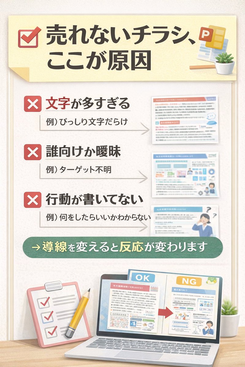 辻村みゆき|売れるチラシは導線で決まる|パワポで作るチラシ tweet media