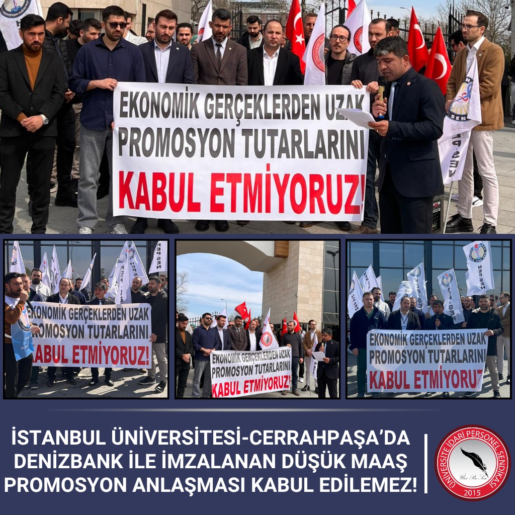 İSTANBUL ÜNİVERSİTESİ-CERRAHPAŞA’DA DENİZBANK İLE İMZALANAN DÜŞÜK MAAŞ PROMOSYON ANLAŞMASI KABUL EDİLEMEZ!

ÜNİPERSEN olarak, HEP-SEN ile birlikte İstanbul Üniversitesi Cerrahpaşa Kampüsü ve Cerrahpaşa Tıp Fakültesi Prof. Dr. Murat Dilmener Hastanesi önünde gerçekleştirdiğimiz