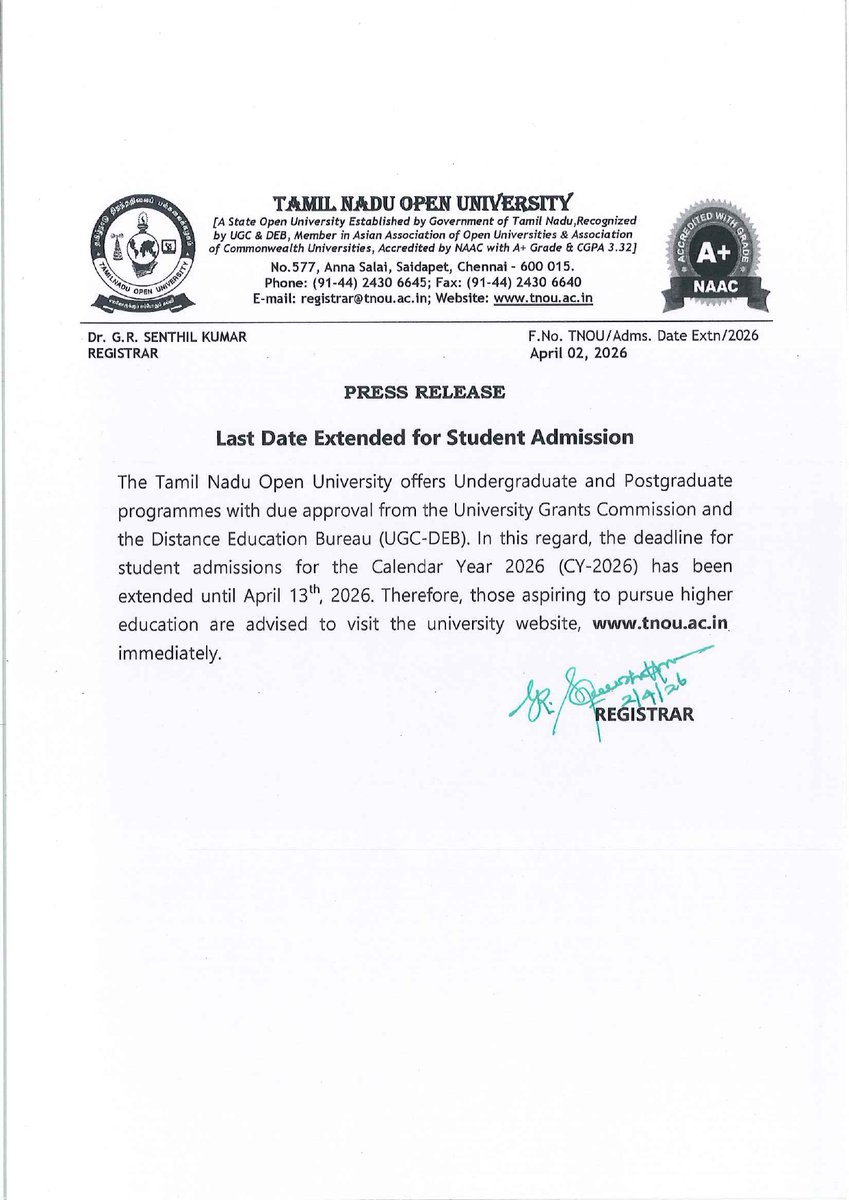 TNOUniversity's tweet image. 📢 TNOU Admission Update!

Last date extended till 13 April 2026 🎓

Don’t miss this opportunity to enroll in flexible, learner-friendly programs. Apply now and take the next step in your education journey!

#TNOU #AdmissionsOpen #ApplyNow #DistanceLearning