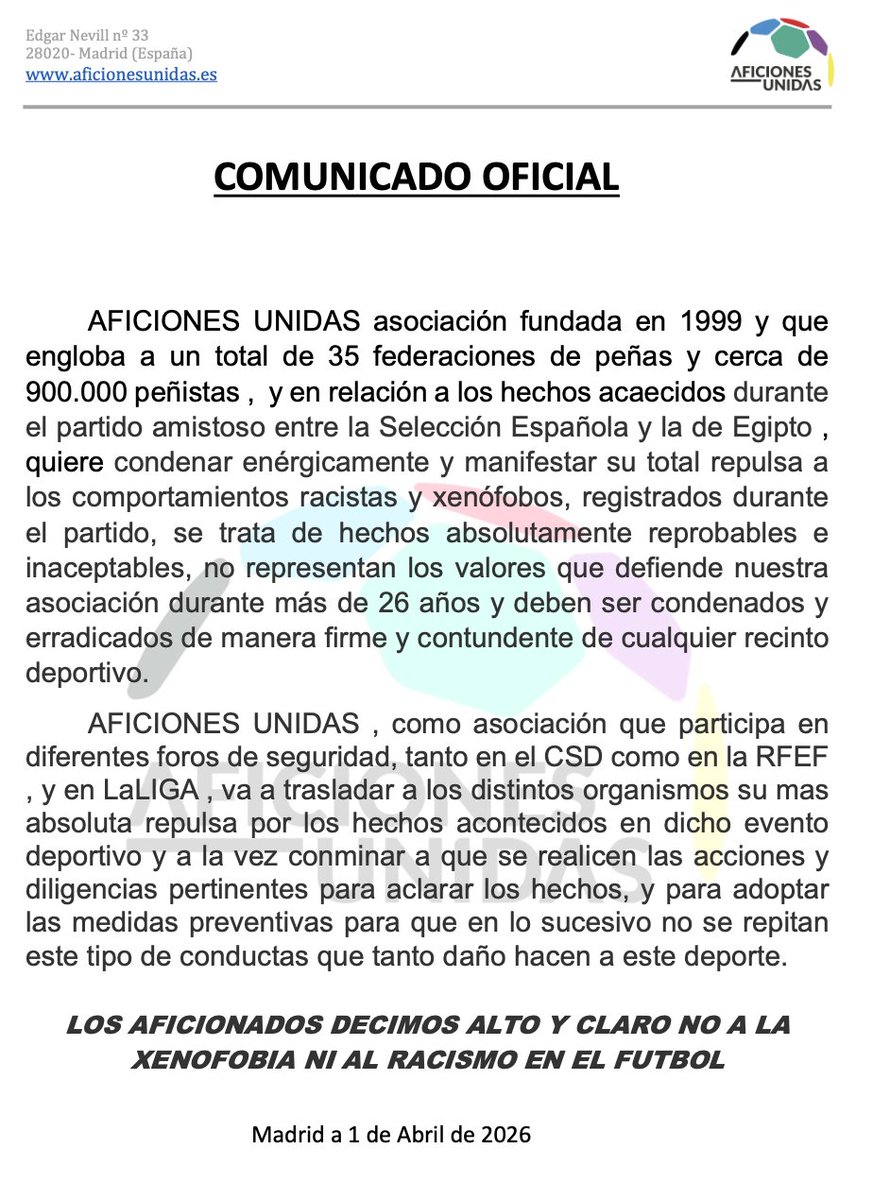 🚫⚽ Desde Aficiones Unidas condenamos firmemente cualquier acto de racismo y xenofobia en el fútbol.

Estos comportamientos no representan nuestros valores ni los de la afición.

🤝 Decimos alto y claro: NO al racismo, NO a la xenofobia. #Respeto #FútbolSinOdio
<a href="/LaLiga/">LALIGA</a> <a href="/rfef/">RFEF</a>
