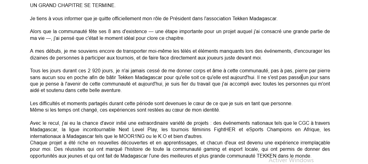 FeniX_261's tweet photo. Un grand chapitre de ma vie se ferme. 

Après avoir fondé la meilleure communauté et l'avoir mené au sommet, il est temps pour moi de quitter le navire. Merci à tous ceux qui m'ont soutenu dans cette aventure ces 8 ans.

Je souhaite le meilleur à @TekkenMadagasc1 pour le futur! https://t.co/6yXHoh6XMN