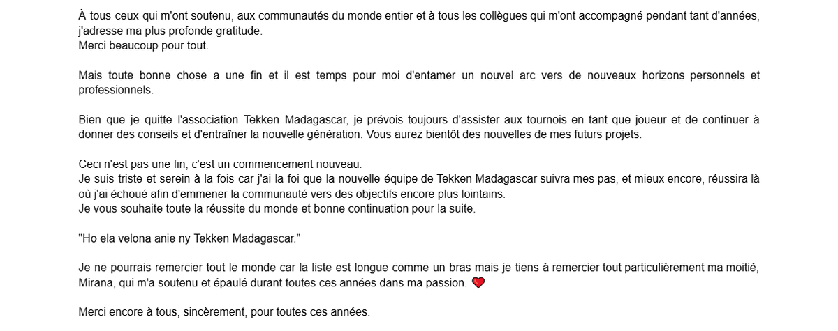 FeniX_261's tweet photo. Un grand chapitre de ma vie se ferme. 

Après avoir fondé la meilleure communauté et l'avoir mené au sommet, il est temps pour moi de quitter le navire. Merci à tous ceux qui m'ont soutenu dans cette aventure ces 8 ans.

Je souhaite le meilleur à @TekkenMadagasc1 pour le futur! https://t.co/6yXHoh6XMN
