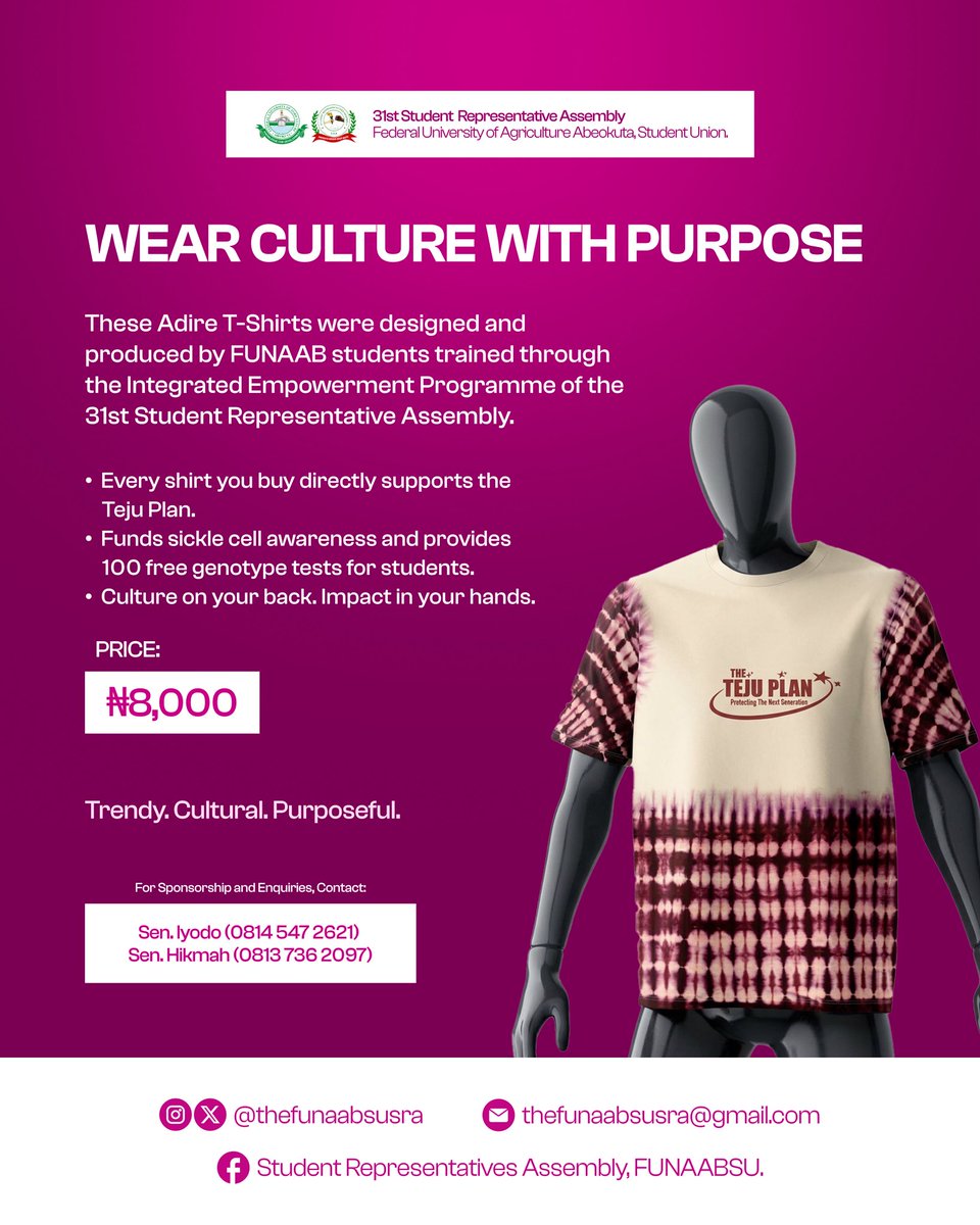 What You Wear Should Stand For Something.

This is culture, Identity, and impact in one piece. 

- Every purchase funds awareness and saves futures

Be part of something that matters.

For orders, Sponsorship &amp; enquiries
Contact: 
08145472621 | 08137362097

#TejuPlan