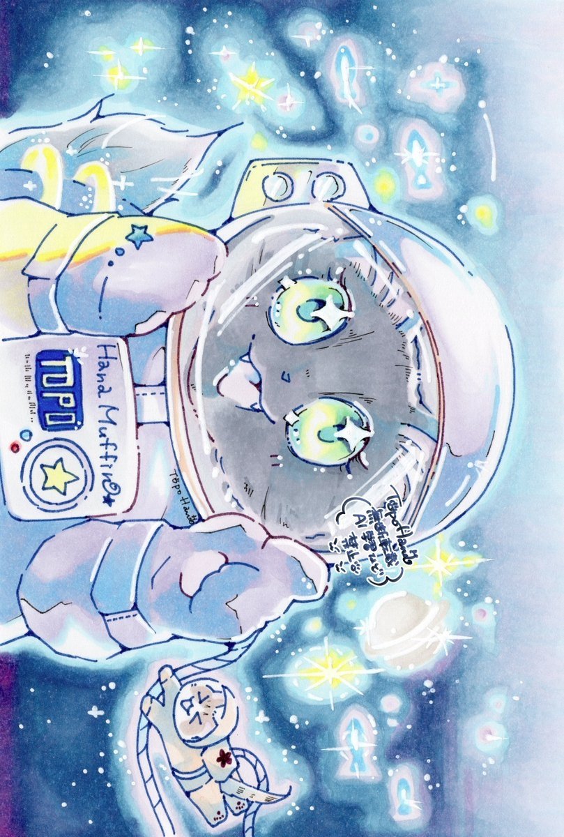 #私の絵の圧倒的なこだわり （横にして見てね）
コピックとミリペンのみを使用し、全てアナログで描きました！

宇宙の青の深み、アナログならではの光の描き込みにこだわっています🌌
スキャン画像の細部までみていただきたい作品です〜
#アナログはいいぞ #copic #コピック