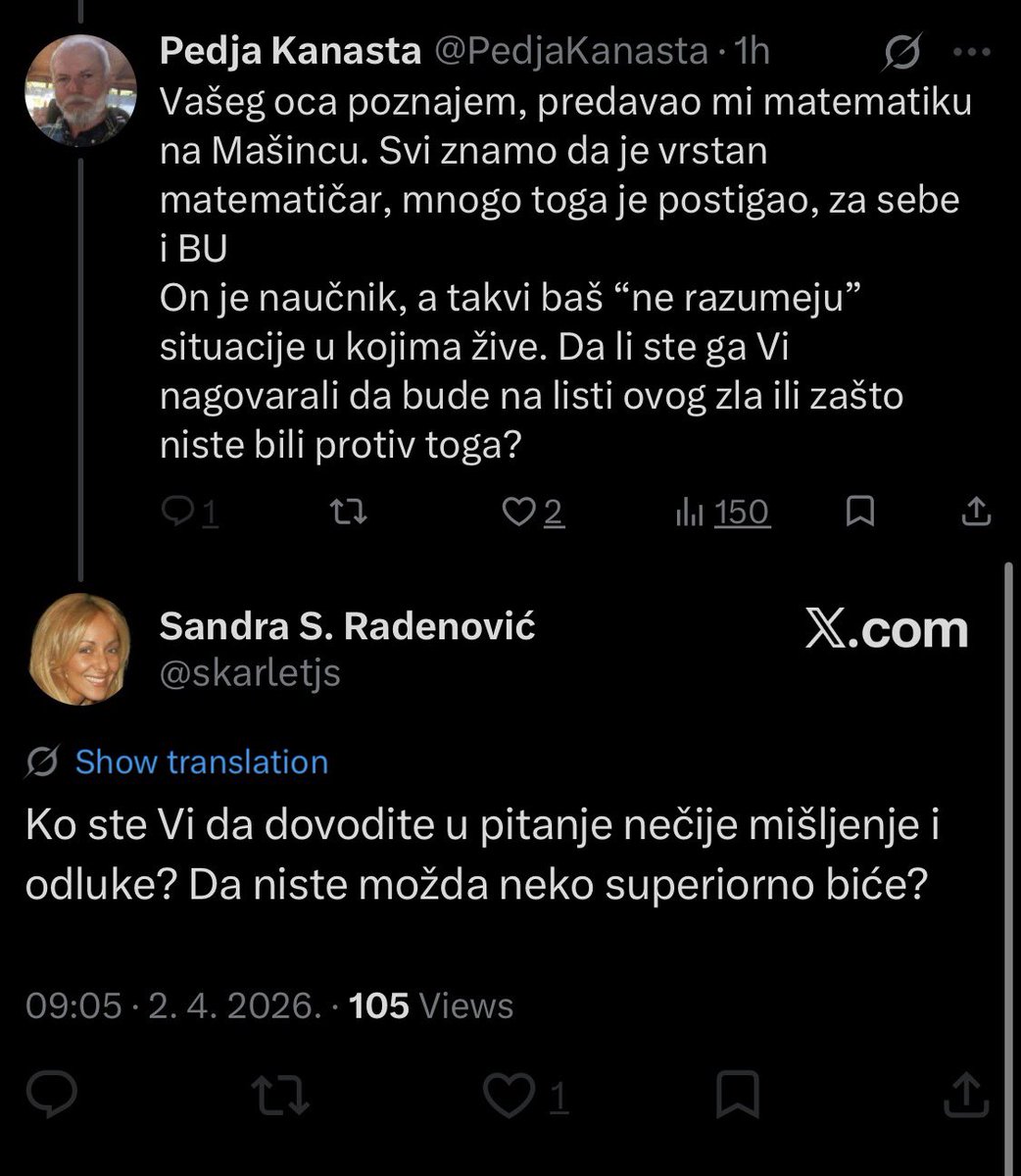 Kakav čovek moraš biti da nekome postaviš pitanje i onda ga blokiraš da ne može da ti odgovori? I to dva pitanja!
Možda sam dobro protresao kavez? 🤔
A taman sam hteo da obznanim da jesam superiorno biće, ali sad mi glupo… 🫣