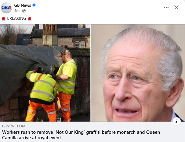 hol40900's tweet image. "Not Our King" scrubbed before Charles arrives. Graffiti removal cost: £1,200. Annual monarchy bill: £500m. Public support for republic: 45% (and rising). Scrubbing walls won't scrub the reality. #NotOurKing
#AbolishTheMonarchy