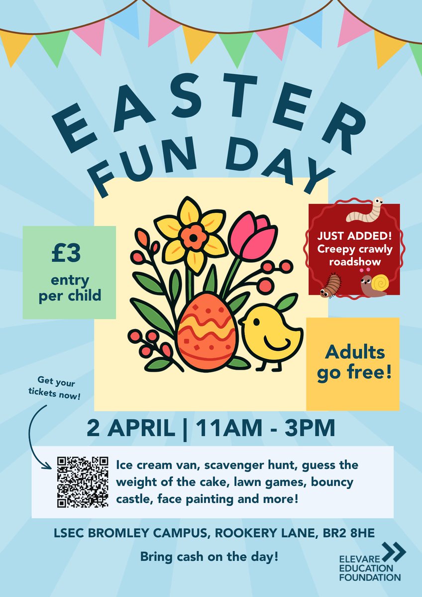 ElevareEdFdn's tweet photo. Our Easter Fun Day is TODAY!
Come along for a day full of fun, activities and Easter excitement you won’t want to miss!
🕚 Starts at 11am!
🎟 Book your tickets now:
https://t.co/PSPoC6cT0k
…or just turn up on the day! We can’t wait to see you there 🐰✨
#EasterFun #Foundation https://t.co/Aw2mQHLDYC