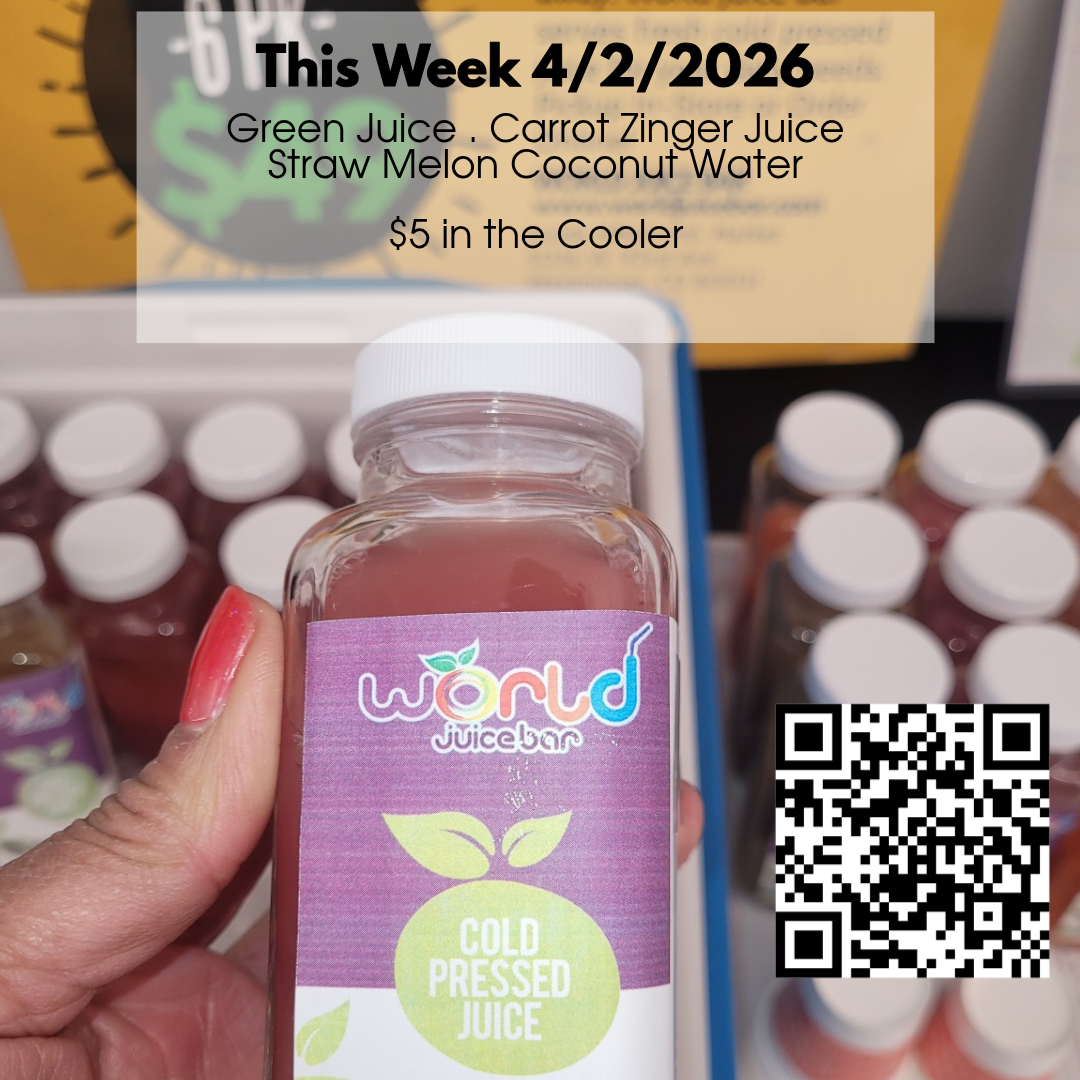 WorldJuiceBar's tweet image. This Week in Stock: $5 mini cold-pressed juices—delicious, convenient, and perfect for on-the-go. Stock up now and enjoy a refreshing sip all week. Limited quantities available. #JuiceDeal #ColdPressed #EasterReady