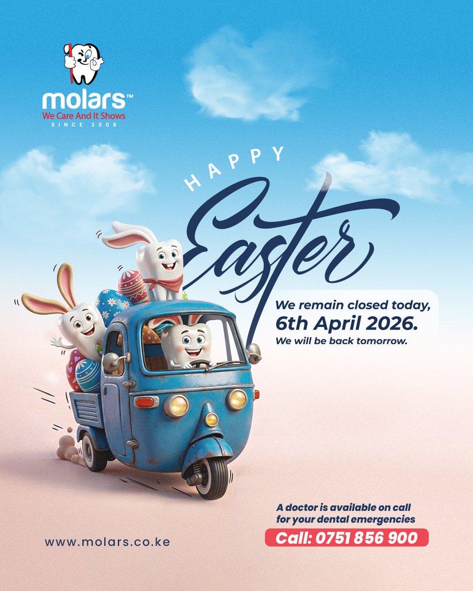 MolarsDental's tweet image. Happy Easter 🐣✨
Wishing you sweet moments, big smiles, and lots of joy 🦷

🌐 molars.co.ke/tabasamu
📞 0758 050292 | 0751 856 900
📧 wecare@molars.co.ke
📞 For dental emergencies, we’re just a call away

#DentistNairobi #DentalCareKE #HealthySmile #SmileConfidence #OralHealth