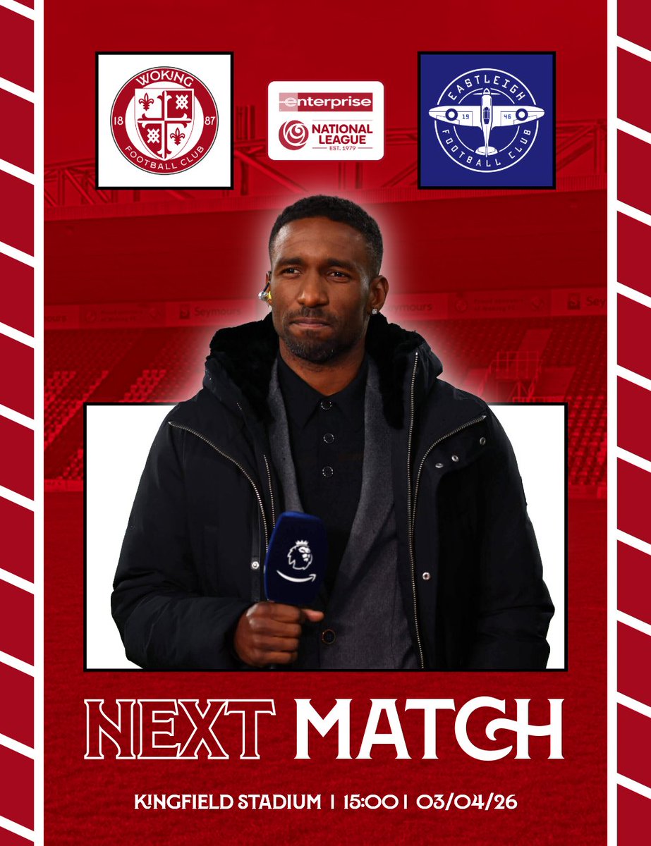 WokingFCUpdates's tweet photo. ❤️ NEXT MATCH 🤍

@IAmJermainDefoe takes the reigns 👀

Still unbeaten at home in 2026... 🏡

🃏 #wokingfc | #COYC ♦️ https://t.co/ZqR2YbFmEo
