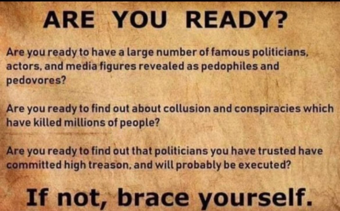 tampathalyn17's tweet image. Are you ready do you have a large number of famous politicians, actors, media figures revealed as pedophiles &amp;amp; pedovores?
Are you ready to find out about the collusion and conspiracies which have killed millions of people? 
Are you ready?
If not brace yourself!
#DrainTheSwamp