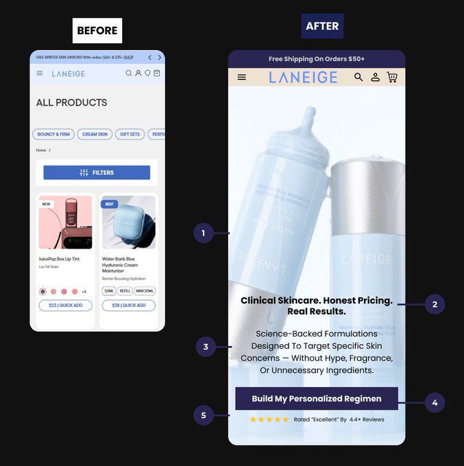 SammyLandix4o's tweet image. Before: Product grid overload. 
After: Clarity, trust &amp;amp; intent. 
One hero message, benefit driven copy, social proof, and a single CTA that guides the user. 
This is how you turn traffic into revenue. #CRO📷 #UXDesign #Ecommerce #LandingPage #DTC #ConversionRate #WebDesign #Figma