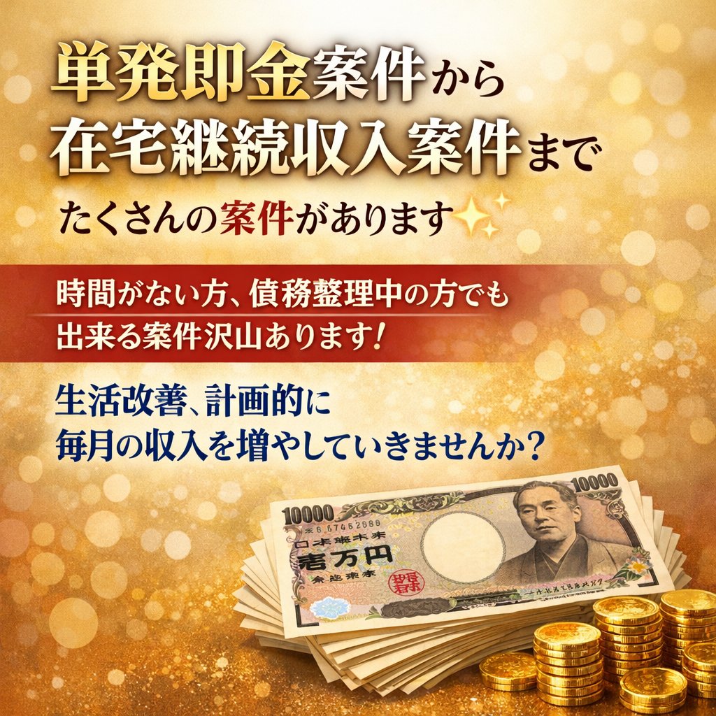 yende_mark's tweet photo. 「今の生活、もっと楽にしたい…」
即金案件から在宅の継続収入まで、幅広くご紹介中✨

忙しい方や債務整理中の方でもスタートできる案件あります。

計画的に収入を増やして、生活をワンランク上げませんか？

興味ある方はリポスト＆コメント下さい🪵

#副業紹介してます #副業探してます #完全無料 https://t.co/simy6vMyU1