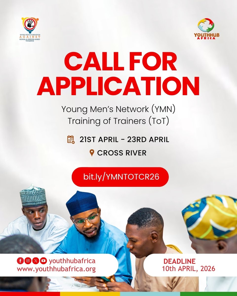 Cross River State, this is for you 👇🏾

Applications are open for the Young Men’s Network (YMN) Training of Trainers (ToT)!
If you’re passionate about promoting positive masculinity and creating change in your community, this is your chance.

📍 Cross River State
🔗 Visit this