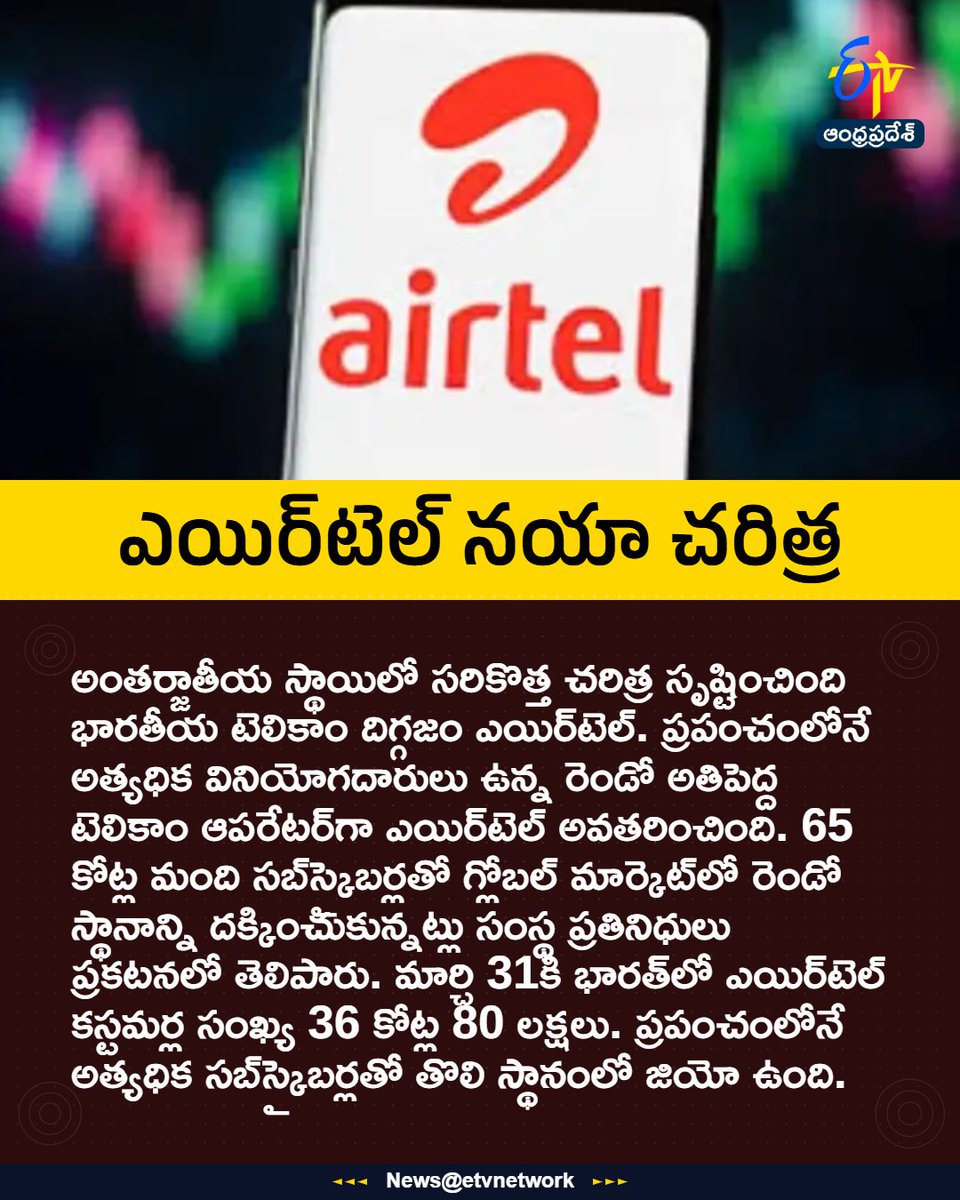 etvandhraprades's tweet image. #Airtel
#WorldsSecondLargestTelecom
#Milestone
#DigitalIndia
#Etvapbreaking