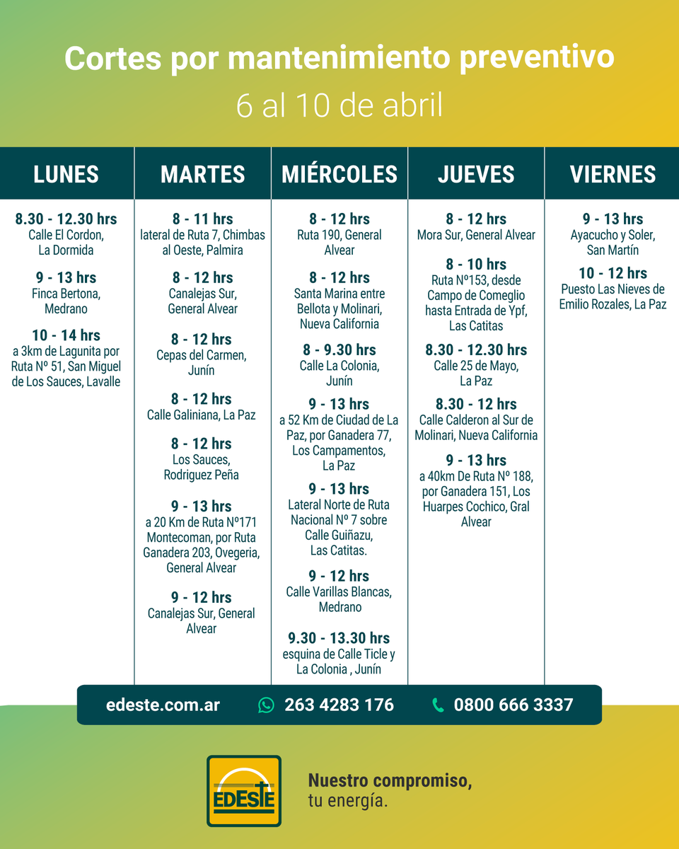 Edeste_mza's tweet photo. Buenos días! Les informamos los cortes programados para la semana que viene por razones de mantenimiento y mejoras del servicio ⚡️⚡️⚡️ https://t.co/QemgL07omF
