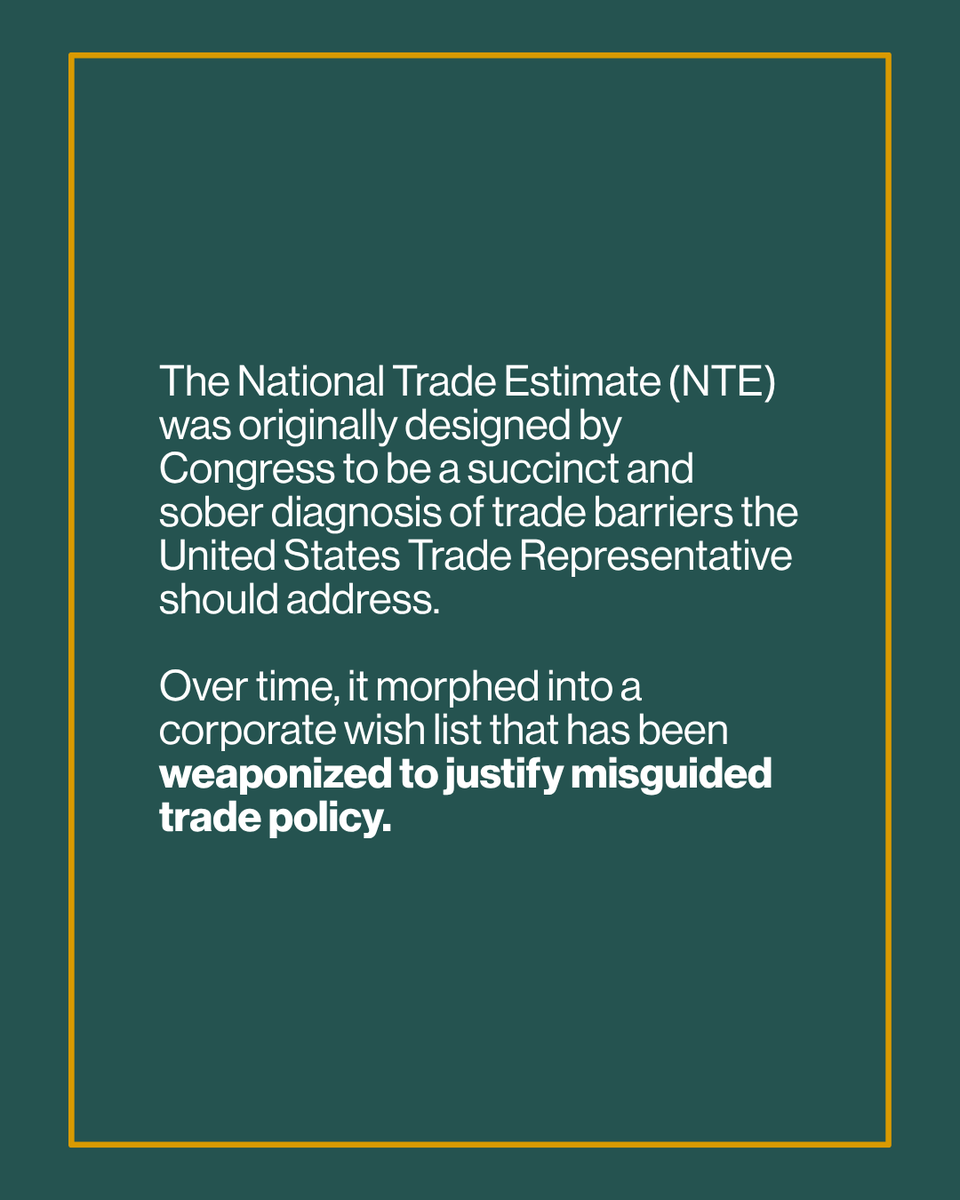 NewTradeCo's tweet photo. “Liberation Day” used the National Trade Estimate to justify sweeping tariffs. Today, it is still being used to advance corporate priorities under the guise of trade policy.

Our report breaks down how it’s being weaponized and what that means for us.  https://t.co/sqUzGd3wKd https://t.co/B564U0vYaJ