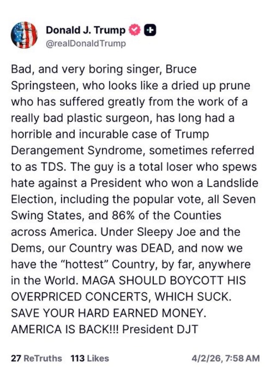 MalaMalamente's tweet image. Trump se despertó esta mañana y publicó un ataque personal de 150 palabras contra Bruce Springsteen.

Ni sobre Irán. Ni sobre los aranceles que están hundiendo los mercados globales. Ni sobre las advertencias de recesión. Sobre Bruce Springsteen.

Existe una herramienta