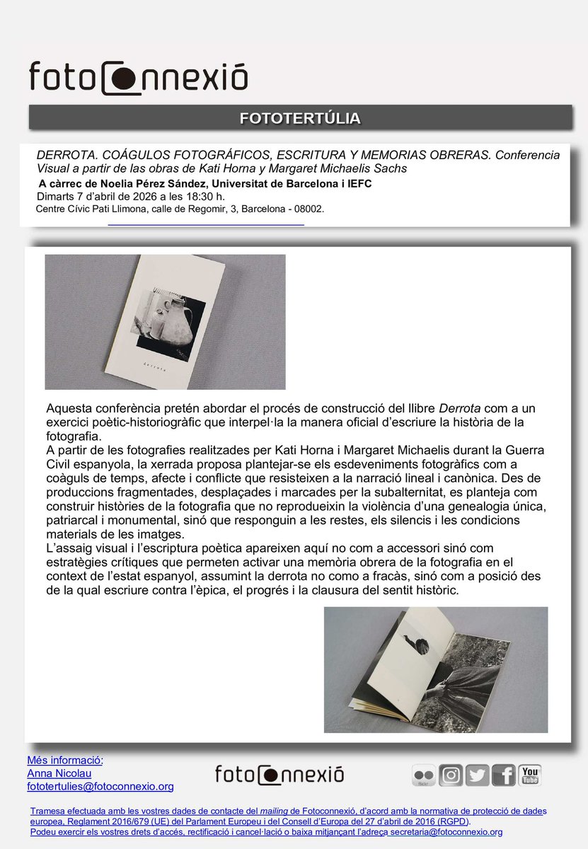 Fotoconnexio's tweet photo. Us anunciem que la #fototwrtúlia d'abril tindrà lloc el pròxim dimarts dia 7 d'abril a les 18:30h al next  @patillimona i ens acompanyarà Noelia Pérez del @IEFC_fotografia 
#història #fotografia #narratives https://t.co/V9aaRw36Aj