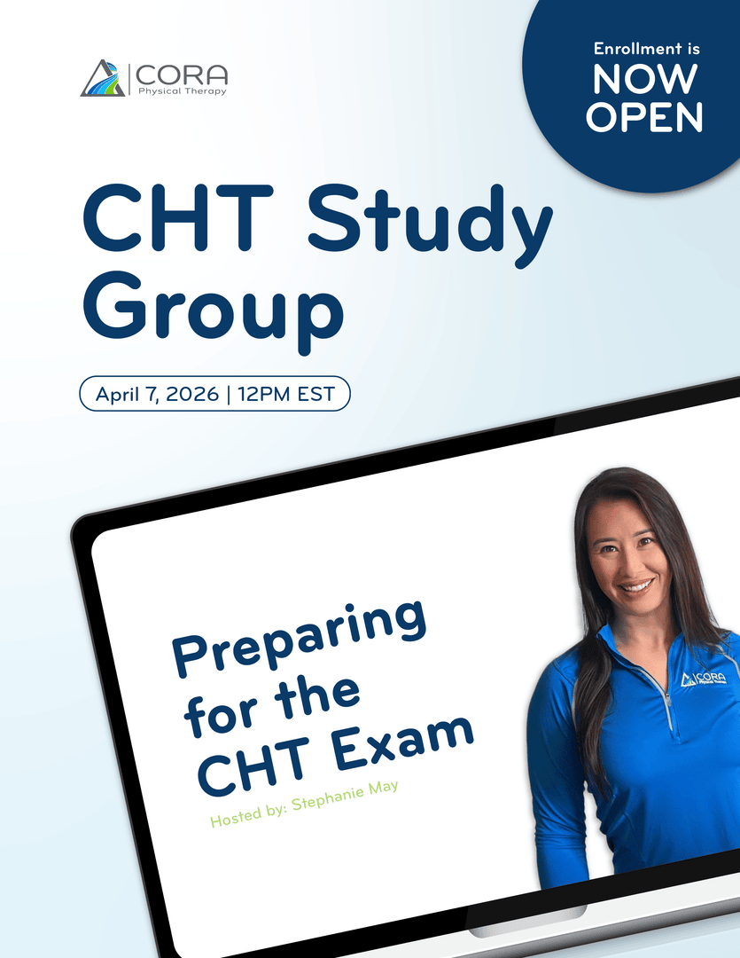 We’re excited to launch our CHT Study Group, a supportive, group-based study program for CORA clinicians preparing to sit for the Certified Hand Therapist boards within the next 12-18 months! 

CORA team members can submit their interest form through CORA Connection.

#CHTExam