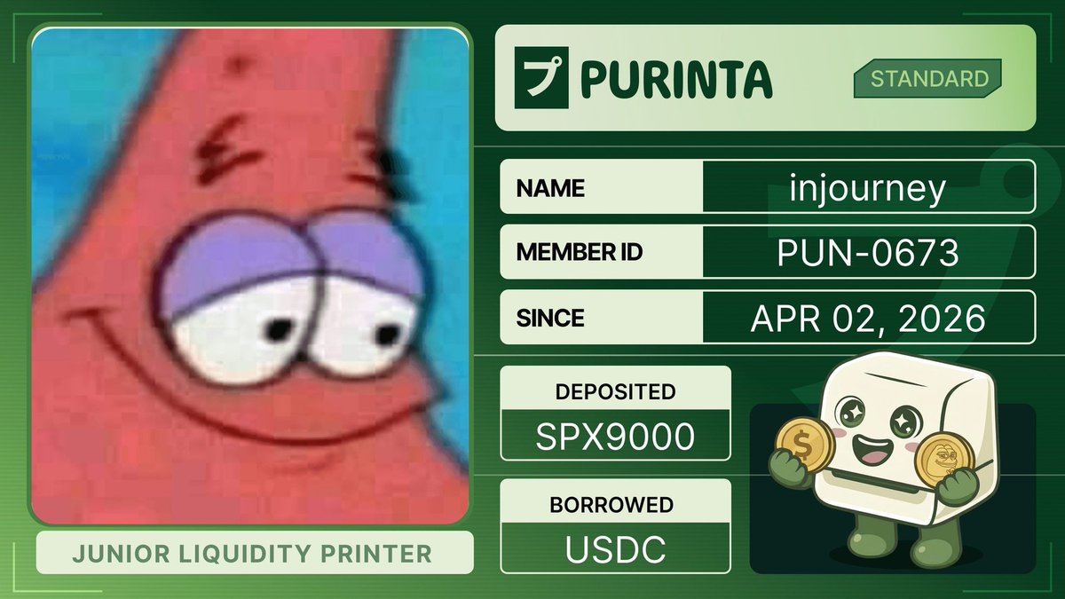 just claimed my Membership Card on <a href="/purintaxyz/">Purinta</a>

early cardholder. the first memecoin money market is coming.

get yours before it's obvious: discord.gg/purinta